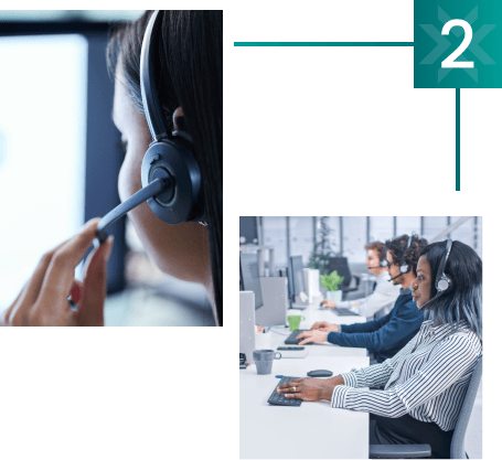 large call center and woman with hands on headset